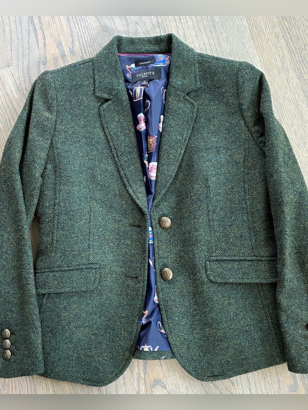Talbots Dark Green Herringbone Wool-Blend Blazer